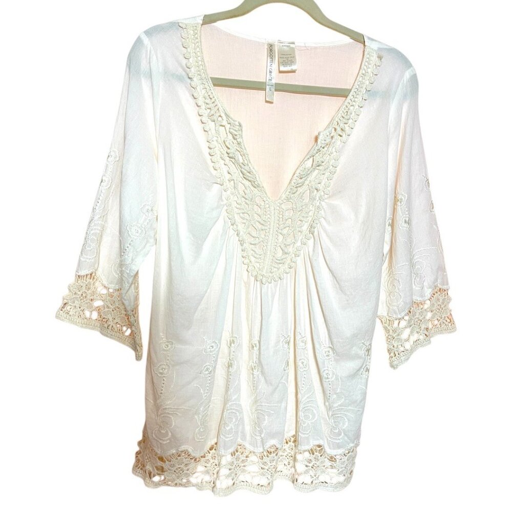 Forgotten Grace Ivory Embroidered Crochet Tunic Top V-Neck 3/4Sleeve Size Large - Picture 5 of 17